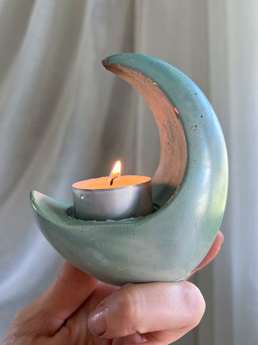 Cement Moon Crystal & Tea Light Candle Holder.