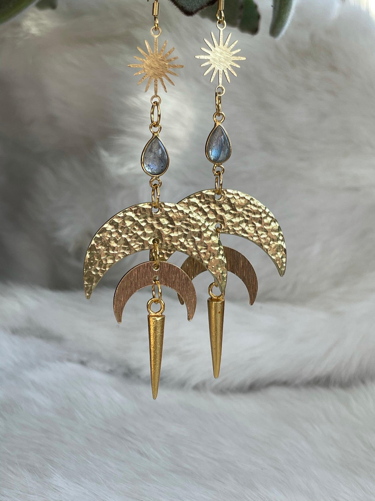 Labradorite Double Moon Gold Spike Earrings