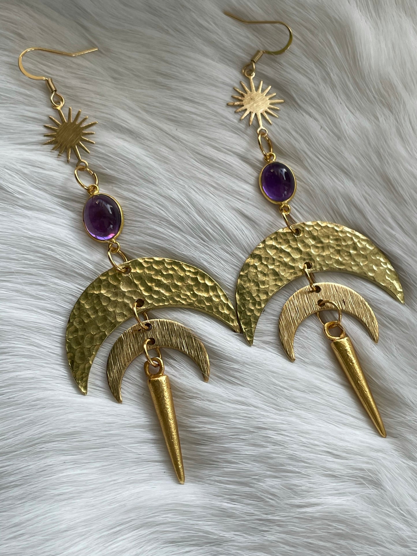 Amethyst Double Moon Gold Spike Earrings